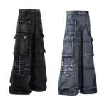 Vintage Floral Embroidery Men's High Straight Denim Cargo Pants Custom Factory Fashion Trendy Multi Pockets Diamond for Winter Embroidery Pants