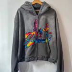 Custom DGT Printing Men's 100% Cotton Acid Wash Hoodie Rhinestone Embroidered Hooded Zipper 500gsm French Terry Hoodie