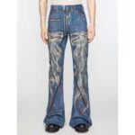 Custom Men's Blue Vintage Baggy Jeans Street Wear Washed Button Manufacturer Painted Stacked Flared Denim Pants