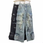 Men's Custom Waxed Denim Straight Leg Pants Hand Painted High Street Style Stonewashed Floral Animal Loose Fit Mid Waist Pants