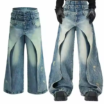 Custom Cargo Baggy Jeans High Quality 100% Cotton Mens Patch Denim Jeans Cargo Pants Washed Three Waists Jeans