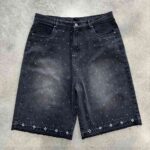 Custom Men's High Waist Breathable Loose Baggy Vintage Washed Rhinestone Denim Shorts Y2K Streetwear Shorts