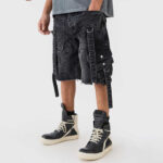 Custom Men's Vintage Straps Jogger Cargo Shorts Streetwear Acid Wash Baggy Denim Jorts Mid Waist Breathable Casual Style Shorts
