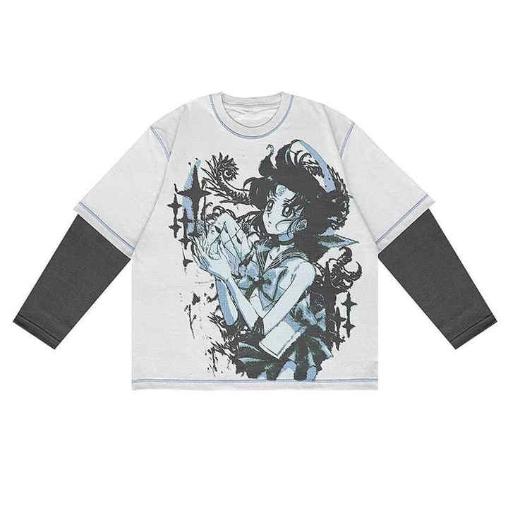 Custom Men's Cotton T-Shirt Screen Printing Hip Hop Patchwork Double Layer Long Sleeves DTG Print Shirts