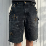 Custom Men's Mid Waist Urban Grunge Vintage Denim Shorts Streetwear HipHop Jorts Cross Star Patches Metal Studs Shorts