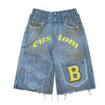 Custom High Quality Mid Waist Denim Shorts Casual Vintage Embroidery Rhinestone Distressed Dirty Wash Jean Shorts