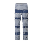 Custom Light Blue Y2K Denim Men's High-Waist Streetstyle Floral Straight Fit Stacked Patched Ripped Loose Pants