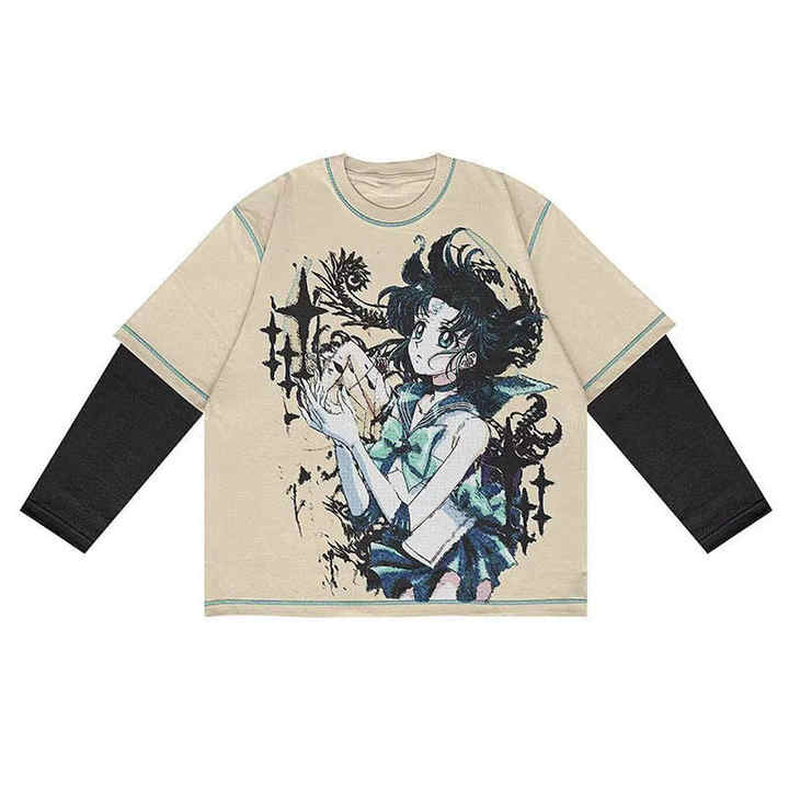 Custom Men's Cotton T-Shirt Screen Printing Hip Hop Patchwork Double Layer Long Sleeves DTG Print Shirts - Image 4