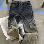 Custom Men's Retro Baggy Jeans Pants Sun Faded Y2K Vintage Distressed Light Heavyweight Cotton Denim Flared Cargo Pocket Animal Floral