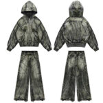 Custom Stone Wash Distressed Vintage Hoodie High Quality Street Damaged Hole Frayed Men's Zip up Hoodie Jeans Sets