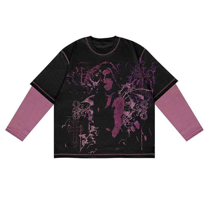 Custom Men's Cotton T-Shirt Screen Printing Hip Hop Patchwork Double Layer Long Sleeves DTG Print Shirts - Image 2