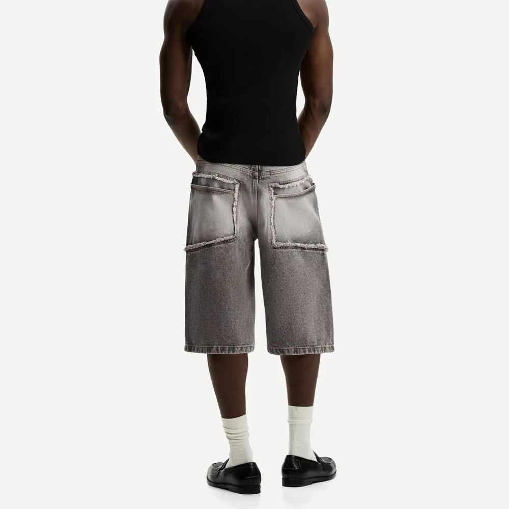 Custom Men's Streetwear Vintage Sun Fade Wash Shorts Embroidery Logo Distressing Denim Shorts for Men - Image 5