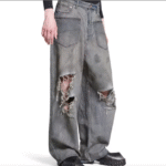 Custom OEM Heavy Weight Pants Vintage Distressed Effect Ripped Wide Leg Jeans for Men