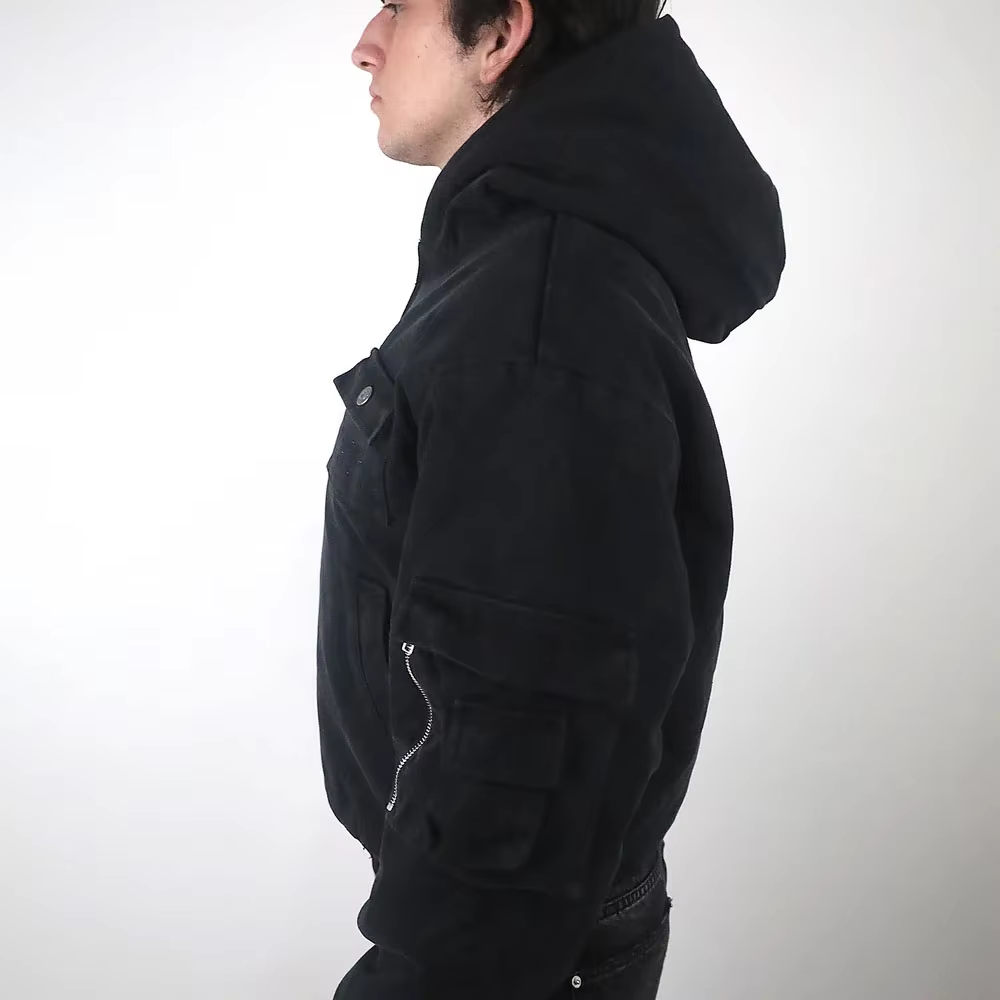 Custom High Quality Hooded Jacket Men's Streetwear Super Oversized Canvas Satin Zip to Top High Street Jacket - Image 6