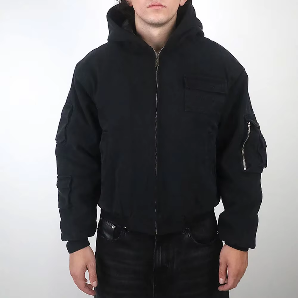 Custom High Quality Hooded Jacket Men's Streetwear Super Oversized Canvas Satin Zip to Top High Street Jacket