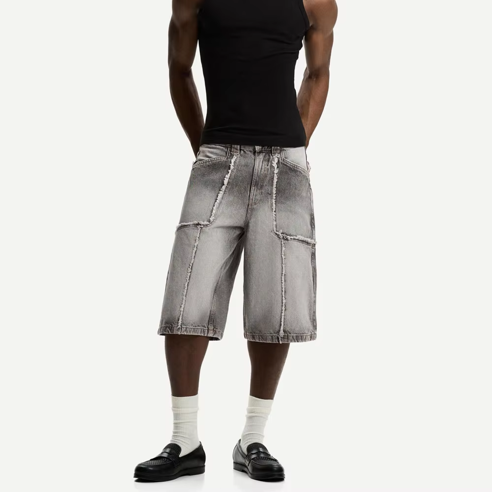 Custom Men's Streetwear Vintage Sun Fade Wash Shorts Embroidery Logo Distressing Denim Shorts for Men - Image 3