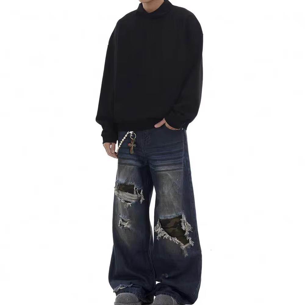 Custom Distressed Baggy Blue Jeans High Quality Denim Cotton Loose Vintage Sun Faded Wash Long Pants - Image 5