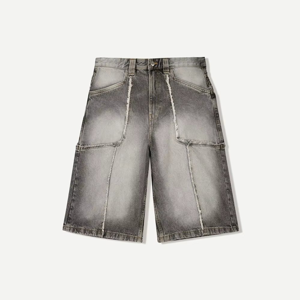 Custom Men's Streetwear Vintage Sun Fade Wash Shorts Embroidery Logo Distressing Denim Shorts for Men