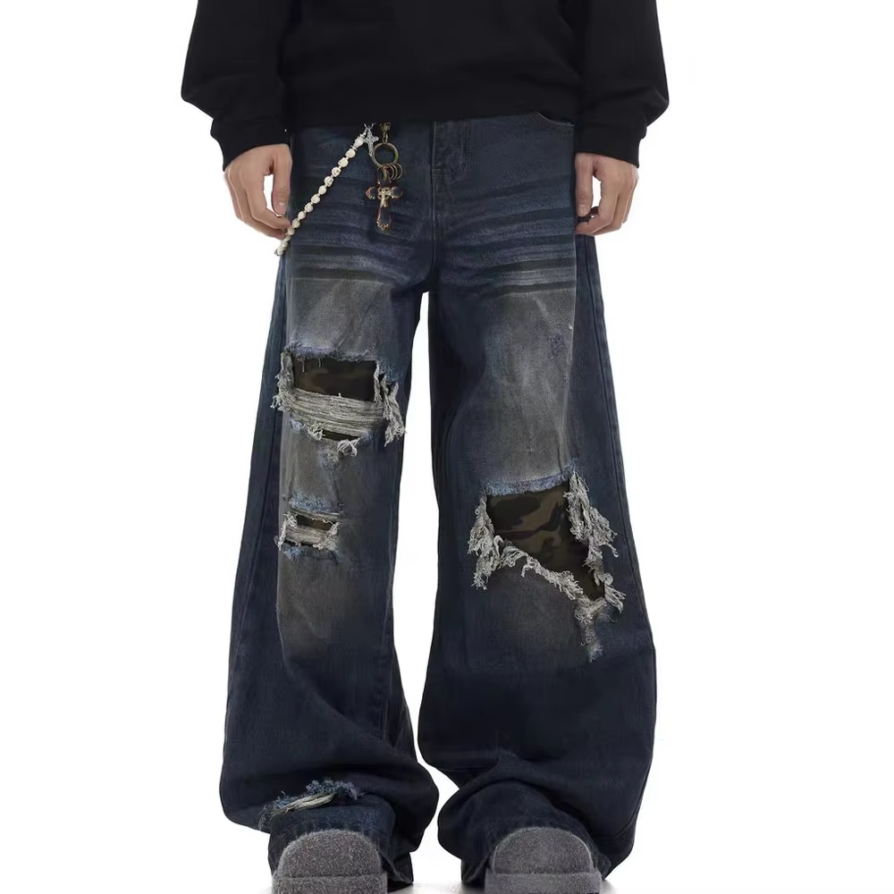 Custom Distressed Baggy Blue Jeans High Quality Denim Cotton Loose Vintage Sun Faded Wash Long Pants