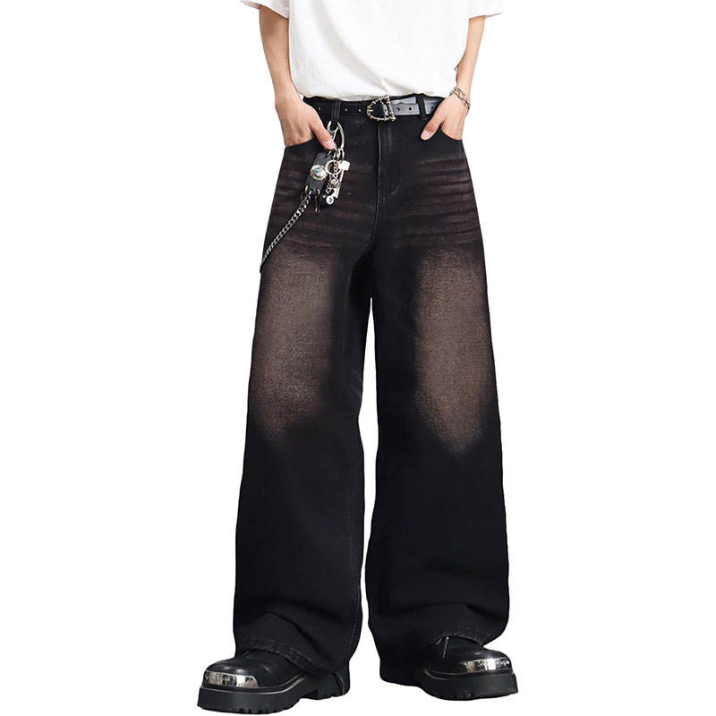 Custom Acid Wash Vintage Denim Pants Baggy Wide Leg Mid Waist Woven Denim Sun Fade Wash Pants
