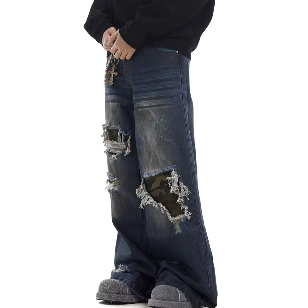 Custom Distressed Baggy Blue Jeans High Quality Denim Cotton Loose Vintage Sun Faded Wash Long Pants - Image 4