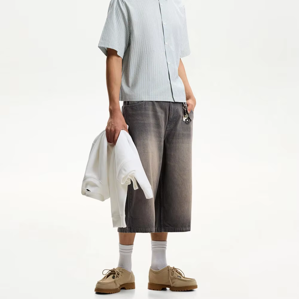 Custom Summer Bulk Leather Label Men's Jeans Shorts Baggy Denim Shorts Sun Fade Wash Hip Pop Shorts - Image 3