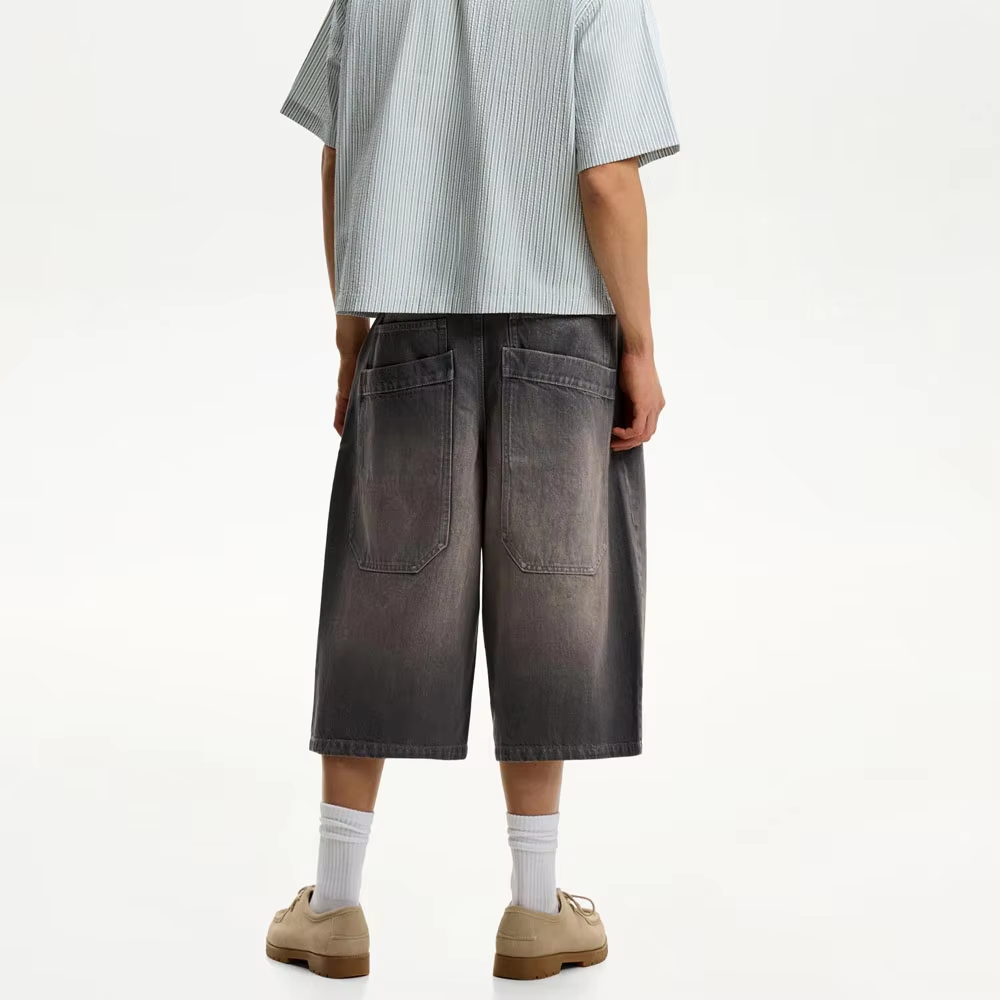 Custom Summer Bulk Leather Label Men's Jeans Shorts Baggy Denim Shorts Sun Fade Wash Hip Pop Shorts - Image 2