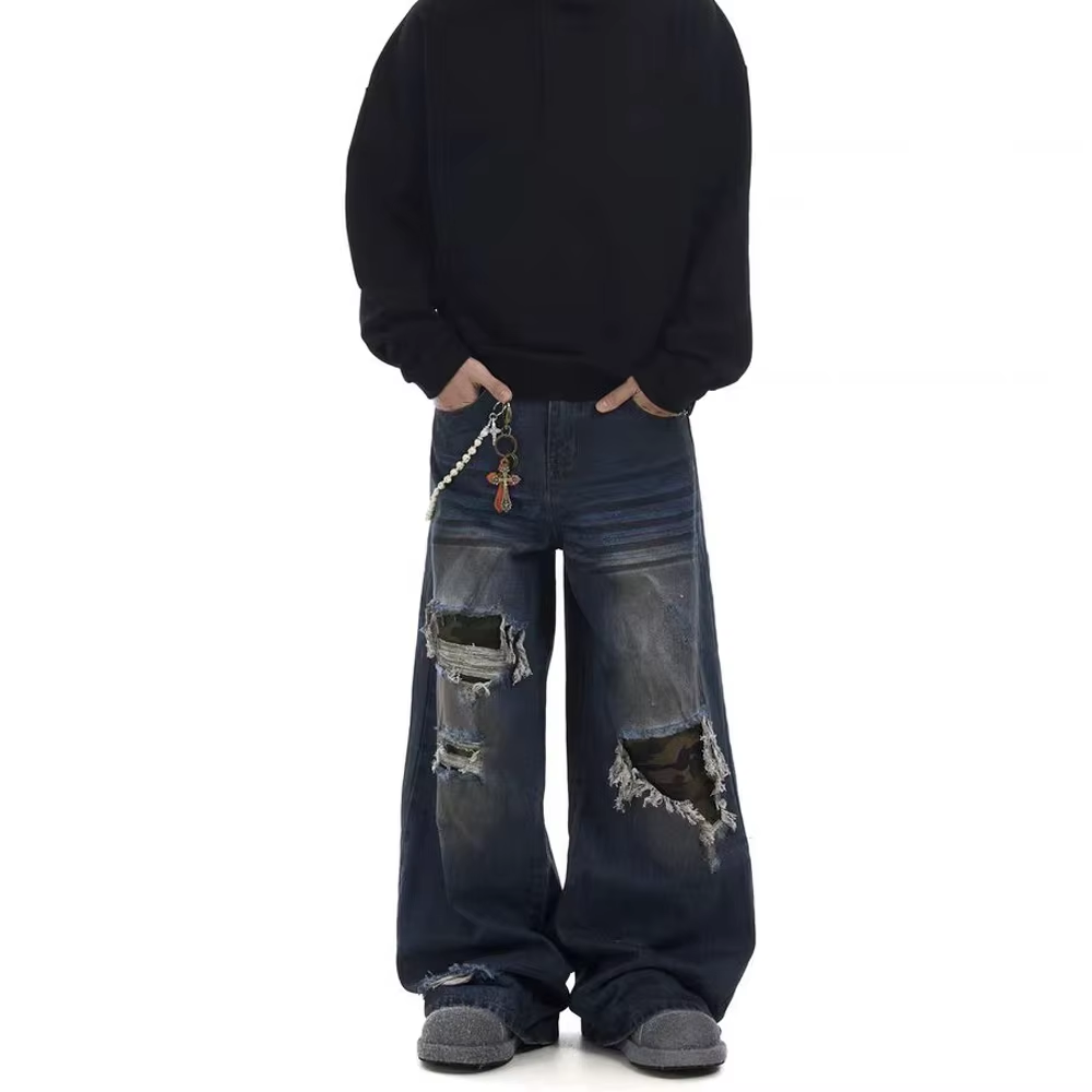 Custom Distressed Baggy Blue Jeans High Quality Denim Cotton Loose Vintage Sun Faded Wash Long Pants - Image 2